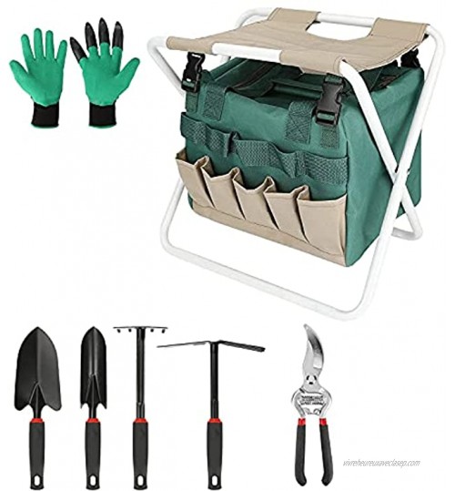 Achort Ensemble d'outils de jardin siège de jardin pliable tabouret de jardinage outils de rangement pour le jardinage tabouret pliable robuste avec sac en toile détachable