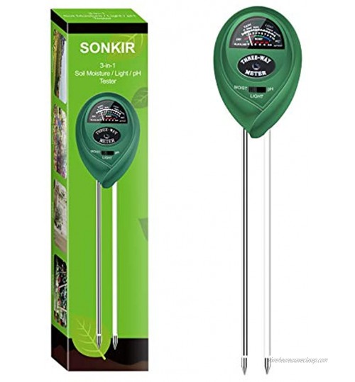 Sonkir MS01 pH-mètre de Sol 3-en-1 testeur d'humidité lumière pH du Sol Kits d'outils de Jardinage pour Jardin pelouse Ferme Vert