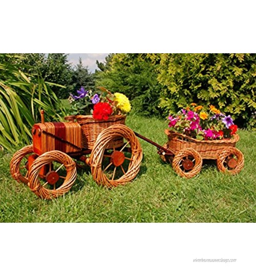 Deko-Shop-Hannusch Tracteur + remorque décoratifs en rotin avec jardinières intégrées