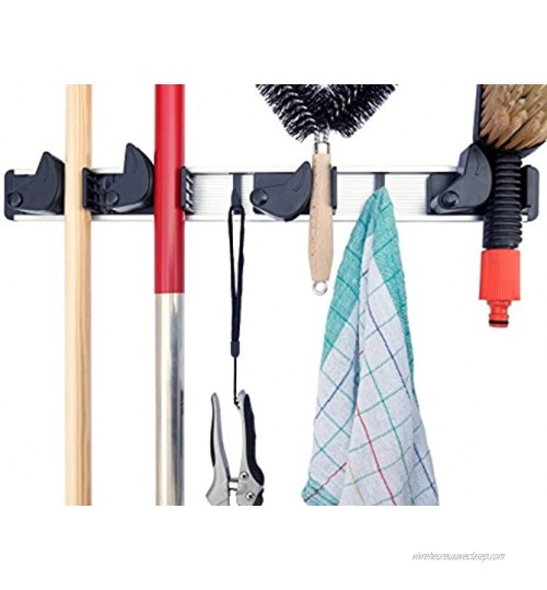 BÜMAG Support de balai porte-outils ou barre à crochets avec 4 supports de serrage et 3 crochets pour balais serpillière et outils de jardin
