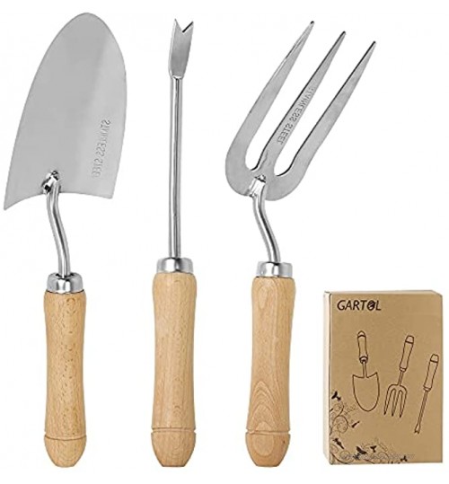 GARTOL Lot de 3 outils de jardinage comprenant fourchette truelle et désherbeur outils de jardinage en acier inoxydable robuste avec poignée en bois