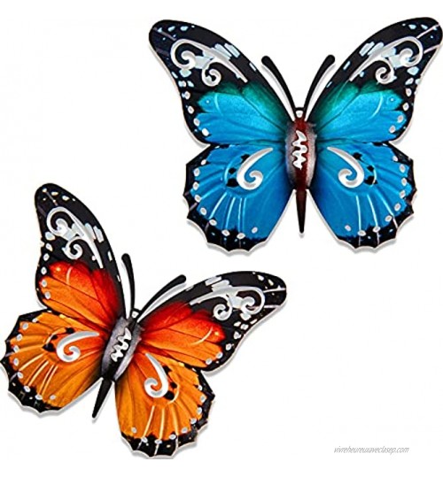 2 Pièces Grandes Décorations de Jardin Papillon en Métal Extérieur Papillon en Métal d'art Mural Extérieur pour Murs Extérieurs Clôtures 27 x 22 cm Bleu et Jaune