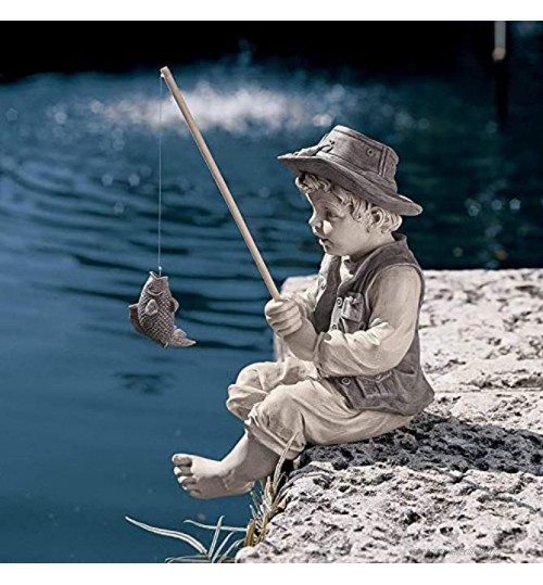 Statue de jardin Gone Fishing Boy Le petit pêcheur Ornement de jardin en plein air Figurine de pêcheur Finition effet pierre Décoration d'intérieur Étagères décoratives
