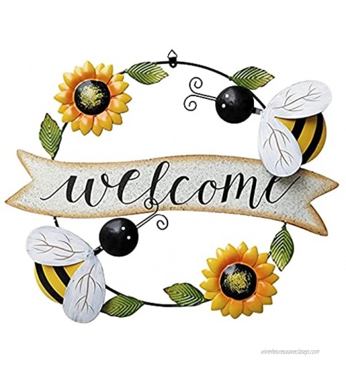 DriSubt Plaque de bienvenue en métal avec motif tournesol et abeille Décoration murale en métal Décoration murale pour extérieur Panneau de bienvenue en forme de tournesol et abeille