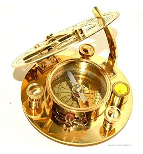 Nautical.Gift.Decor Horloge solaire fascinante en laiton massif avec boussole incrustée et girouette gravée 7,6 cm