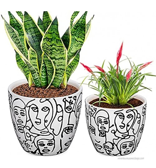 CODREAM Lot de 2 pots de fleurs en céramique – Pot de fleurs artistique en porcelaine solide avec cache-pot décoratif – Blanc Grand pot de fleurs 17 cm Petit 14 cm