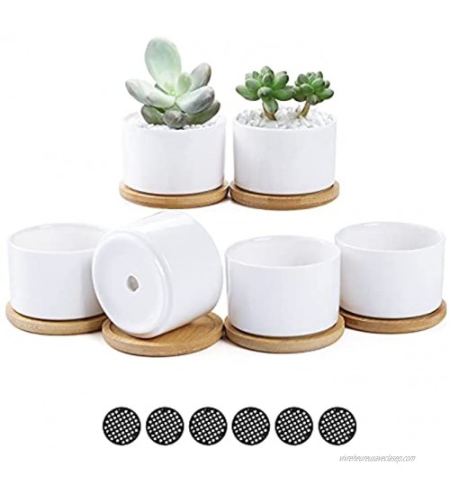 Fippy Lot de 6 mini pots de fleurs blancs en céramique de 8,1 cm avec plateau en bambou et coussinet en maille Parfaits pour la décoration de la maison ou du bureau