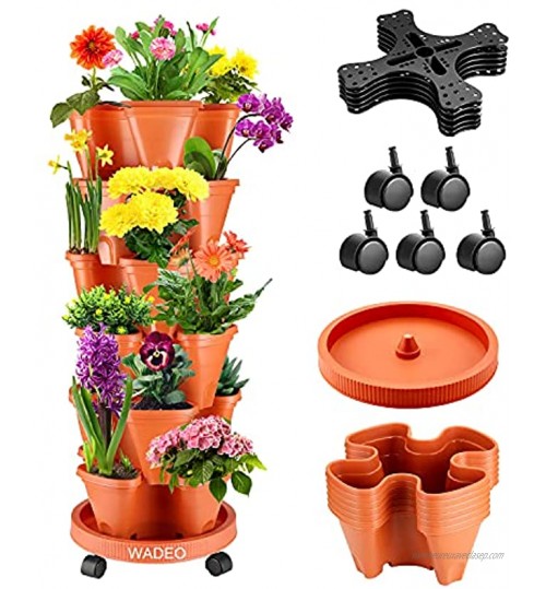 WADEO Lot de 6 Pots de Fleurs Empilable Jardinière en Tour Pot de Fleurs Design Couleur Terre Cuite avec Roulettes pour Herbes et Jardin Vertical